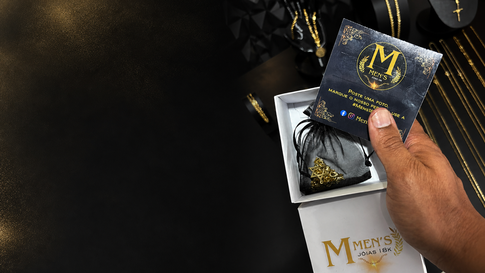 Embalagem premium e semijoias douradas da Men's Semijoias 18K